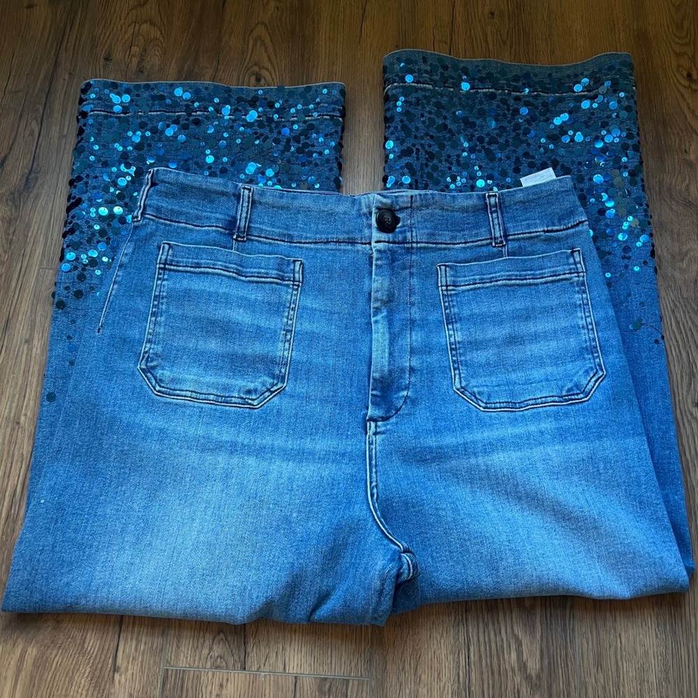 Maeve Anthropologie Colette Wide Leg Jeans Size 34 Blue Sequin‎ Hem Denim - Picture 4 of 6